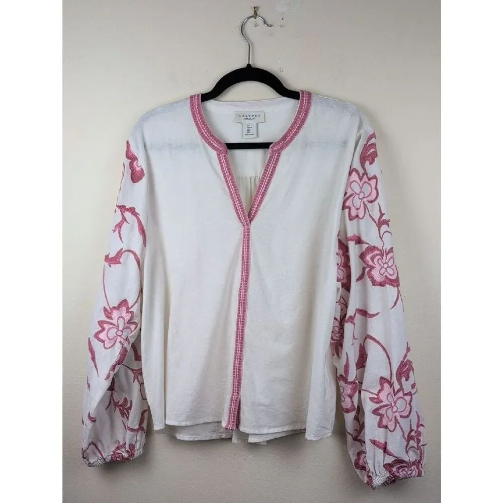 Calypso St. Barth Ivory Blouse with Pink Floral Embroidery Size L